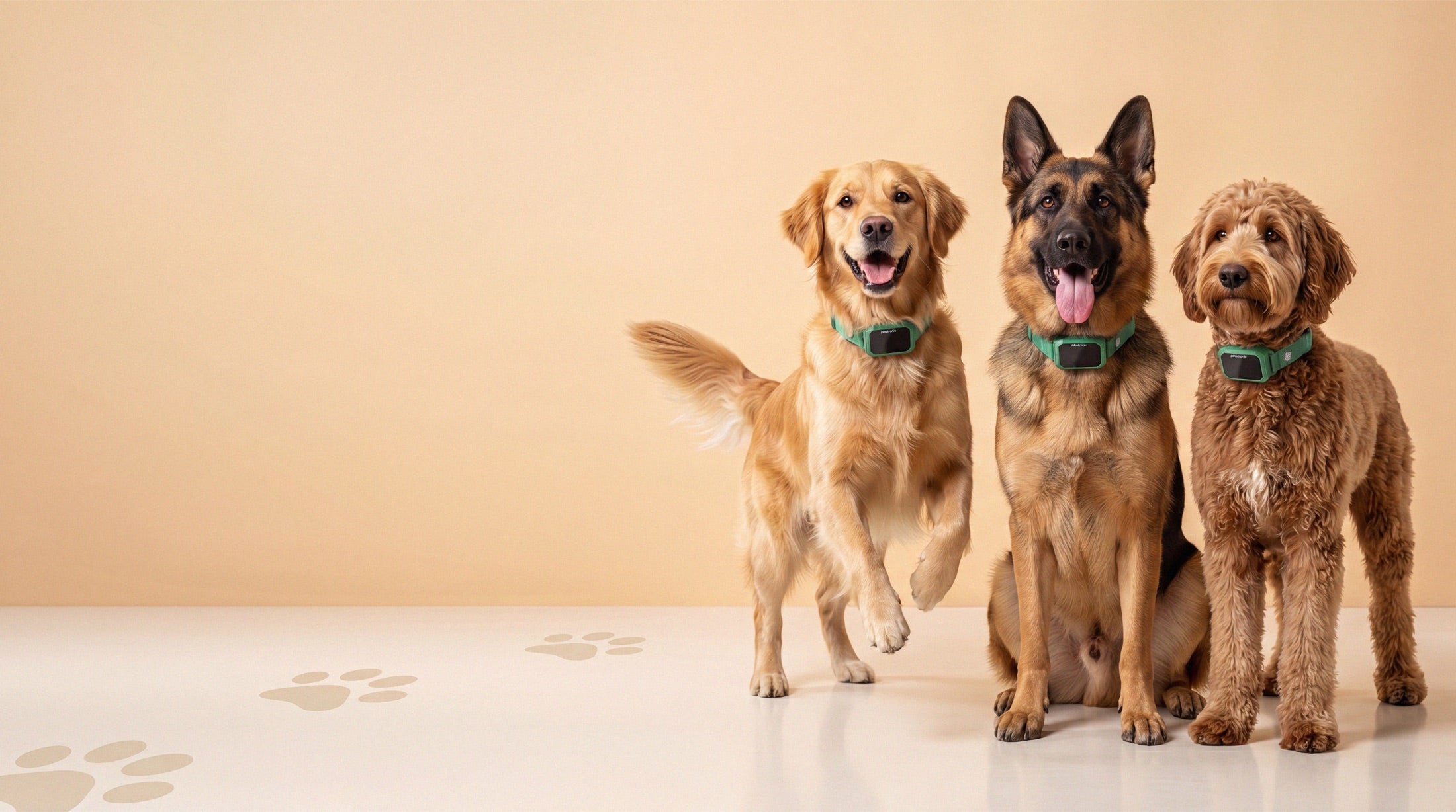 Three dogs wearing PawTronic GPS collars